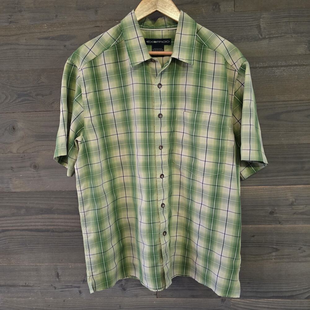 ExOfficio Men's M Green Plaid Short Sleeve Button Down Shirt Outdoor Travel